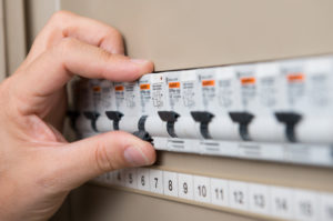 Close up of a MCB (Micro Circuit Breaker) on a UK domestic electrical consumer unit or fuse box