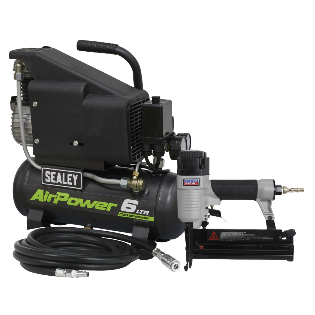 Air Nail/Staple Gun Kit including Air Compressor, Hose & Nailer/Stapler Huttie