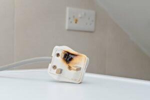 burned UK plug resting on table with plug in background